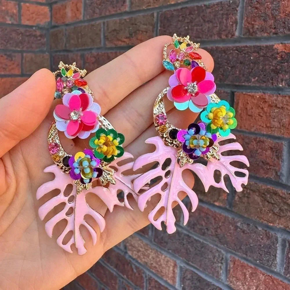 Zara  Rio Monstera Pink Leaf Earrings - Picture 2 of 14